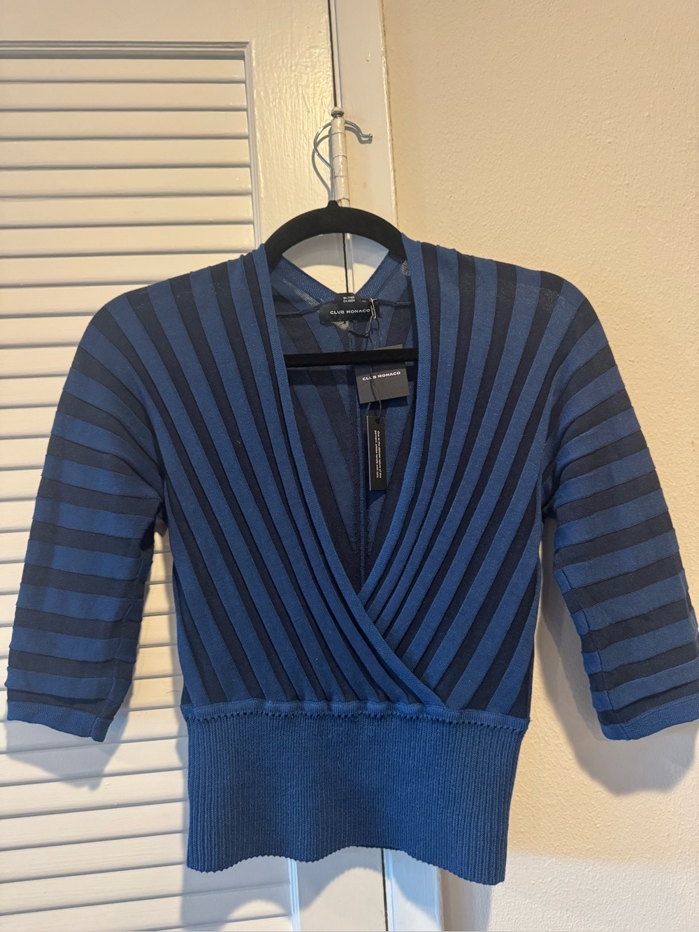 Club Monaco Blue and Navy Striped V-Neck Sweater